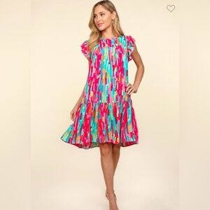 Yoke Tiered Knee Length Abstract Dress
